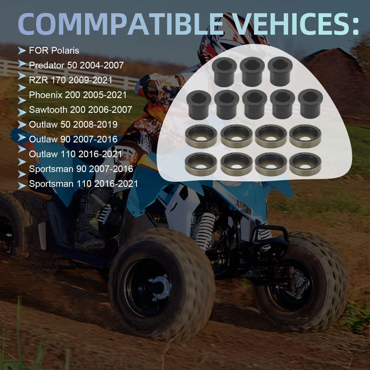 8Pcs Front A-Arm Bushing + Cap Set 0451762 for Polaris Predator 50 (2004–2007)