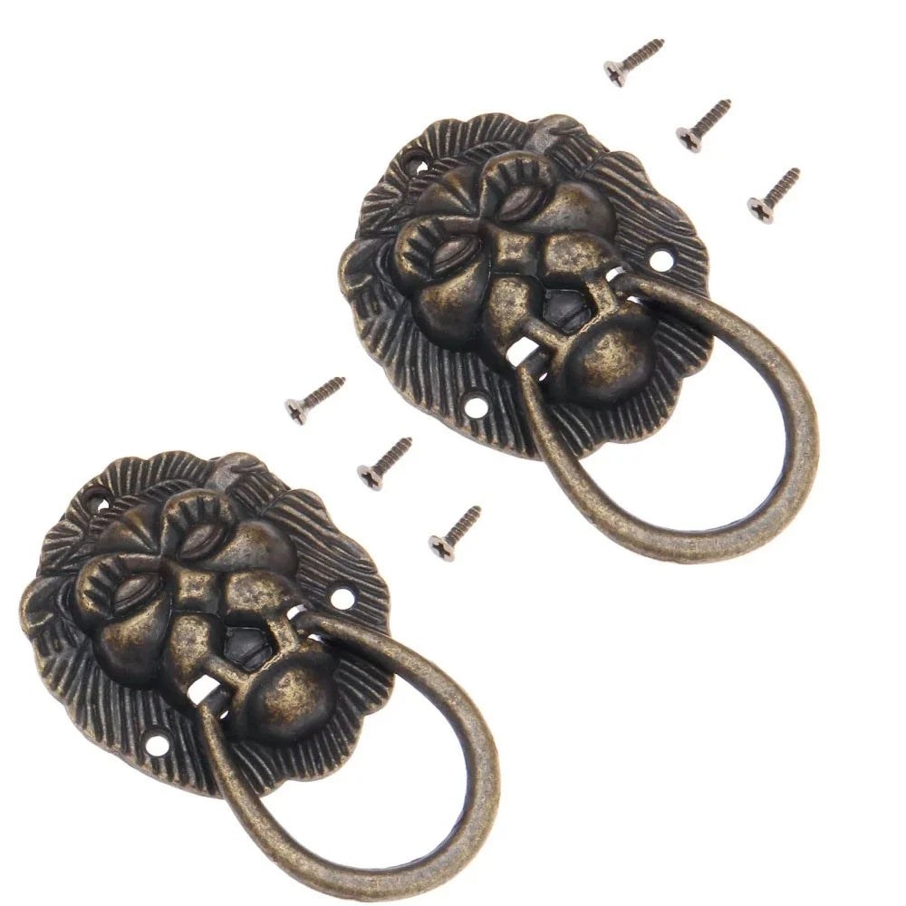 2Pcs Antique Bronze Lion Head Cabinet Knob Pull Handle 40x66mm