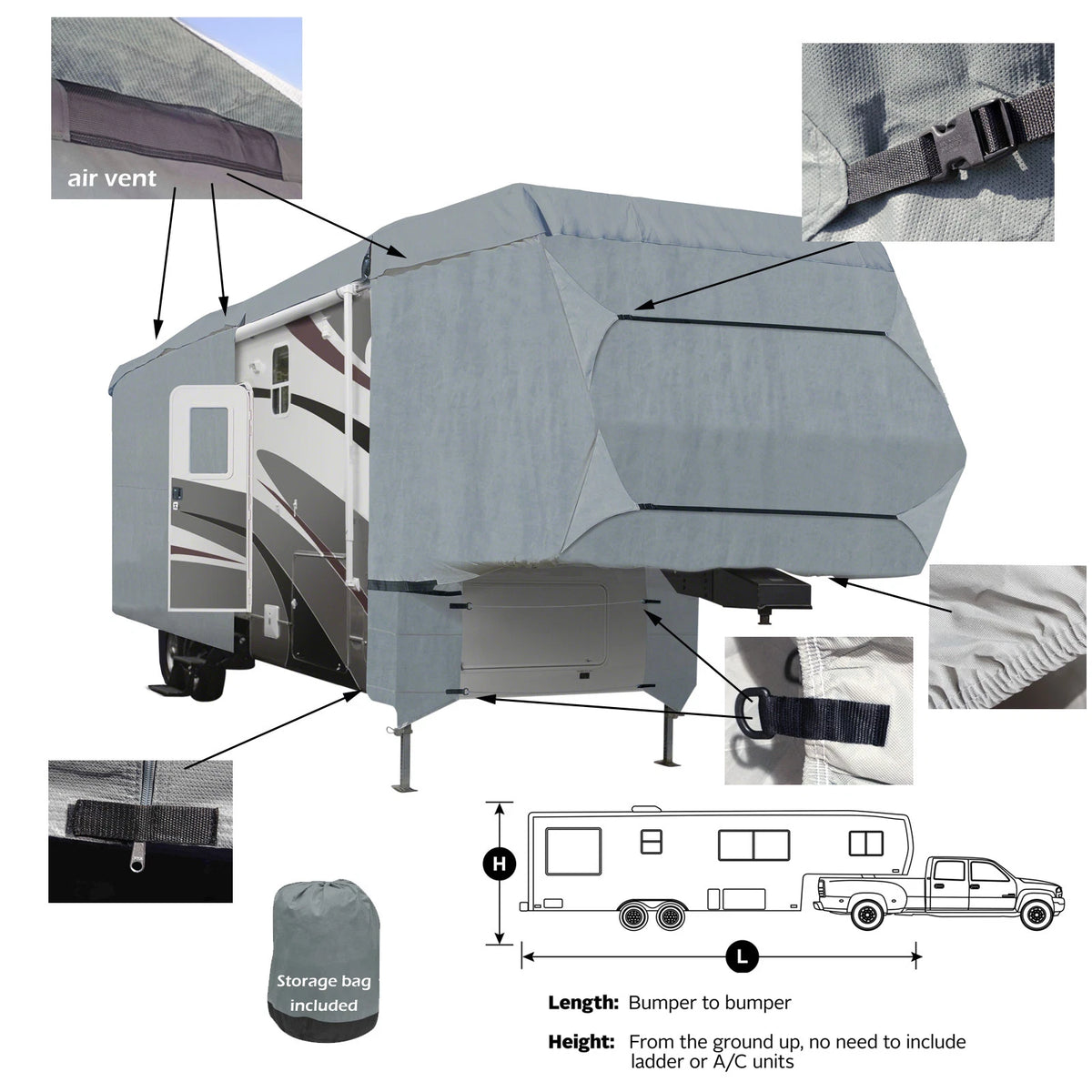 Deluxe Waterproof Durable 5th Wheel RV Motorhome Camper Storage Extra Tall Cover