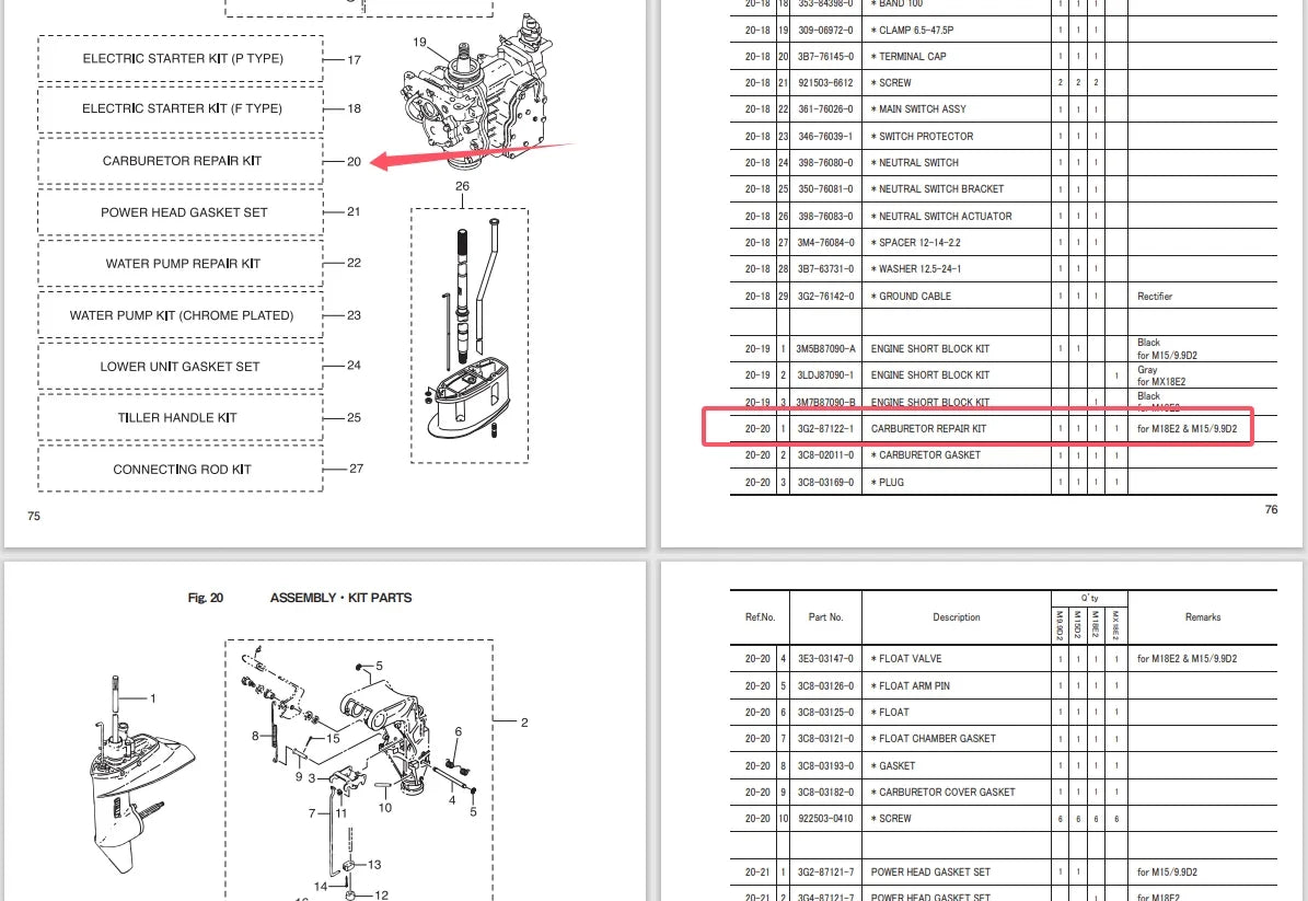 Carburetor Repair Kit for Tohatsu Mercury 9.9HP-18HP 2T (3G2-87122-1, 803826A1)