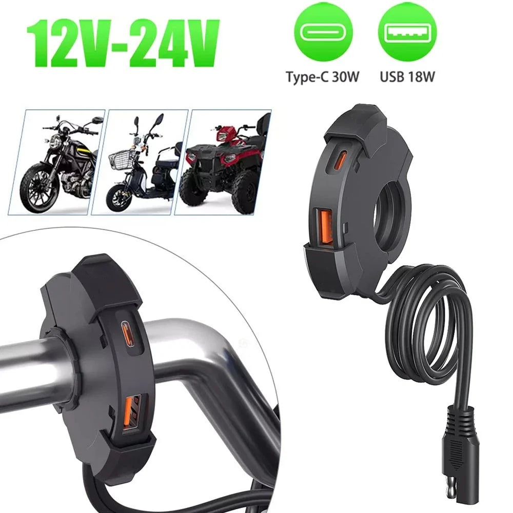Dual USB Fast Charger Adapter for Motorcycle (12V-24V) - QC 3.0 Type-C