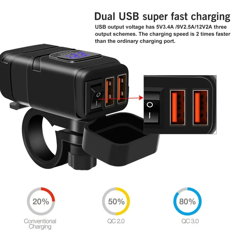 Dual USB QC3.0 Charger with Blue LED Voltmeter for Motorcycle (Universal)