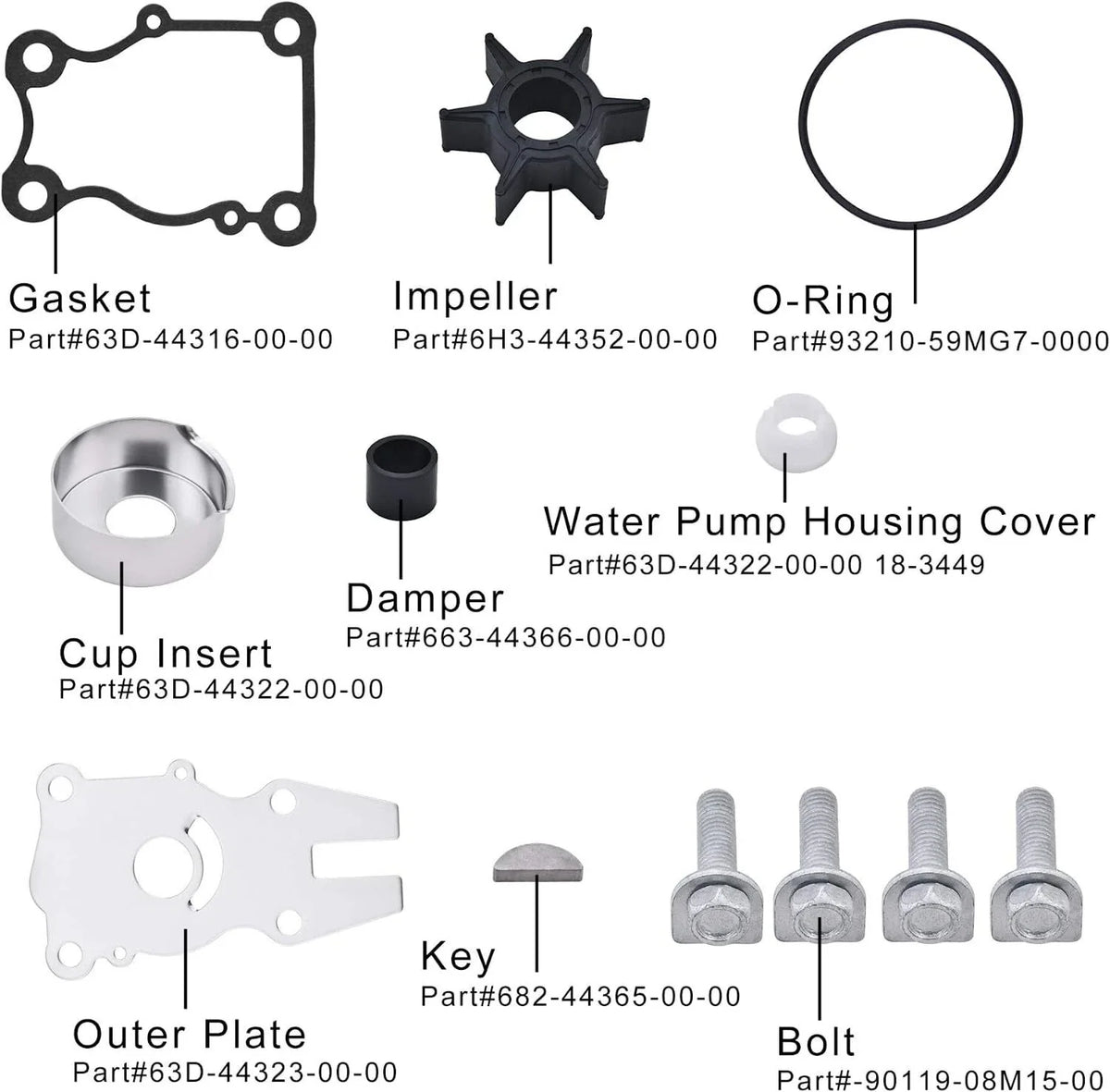 Water Pump Impeller Kit for Yamaha 4-Str F 40 50 60 HP Outboard (63D-W0078-00)