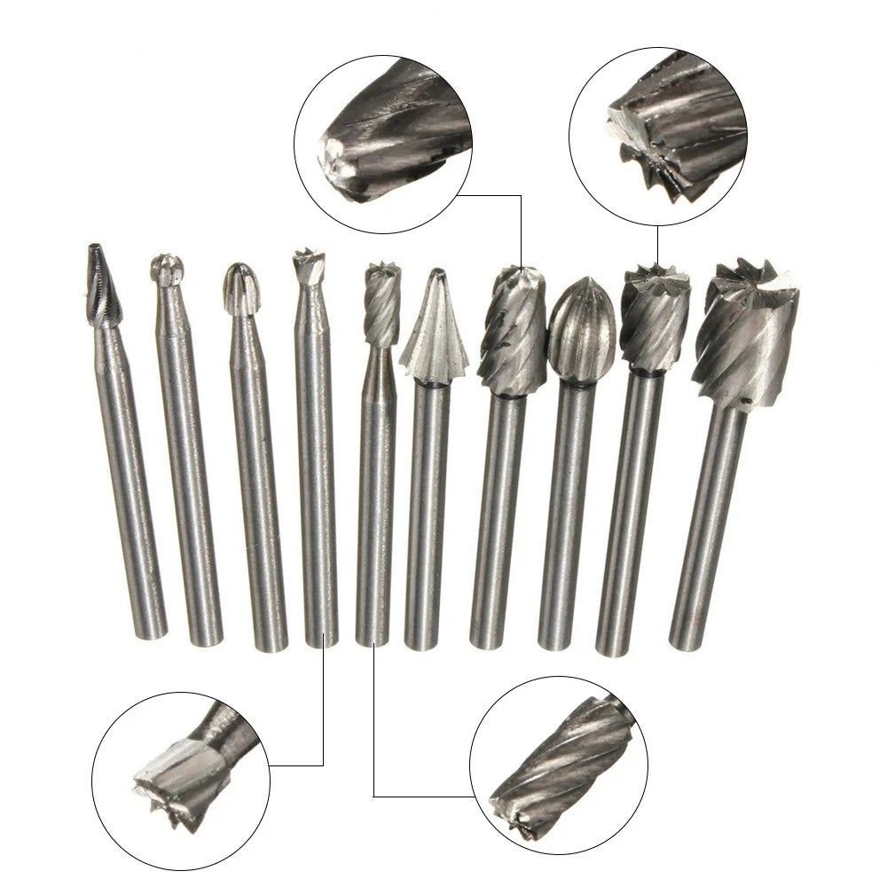 10Pack 1/8in Shank HSS Rotary Burr File Rasp Drill Bits for Wood Stone Carving a