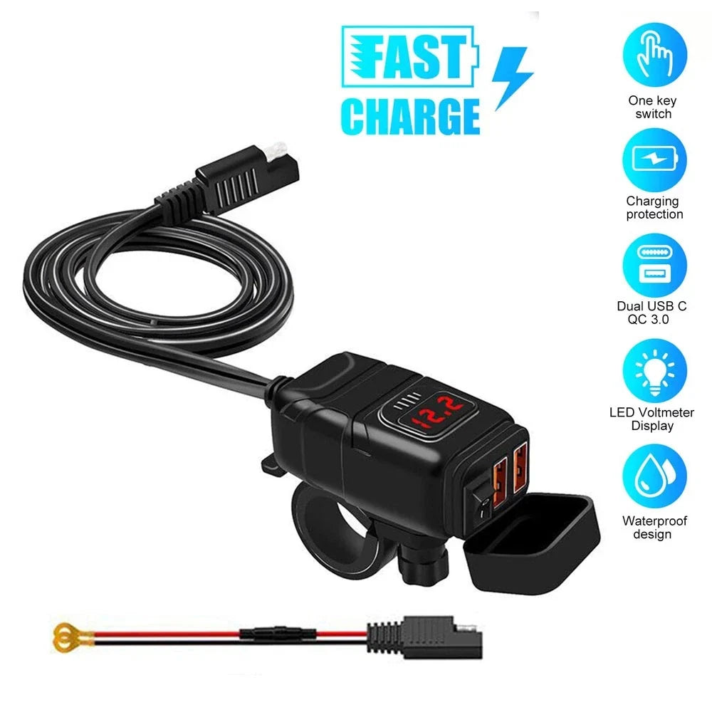 Dual USB Charger Voltmeter for Motorcycles ATV (QC 3.0)