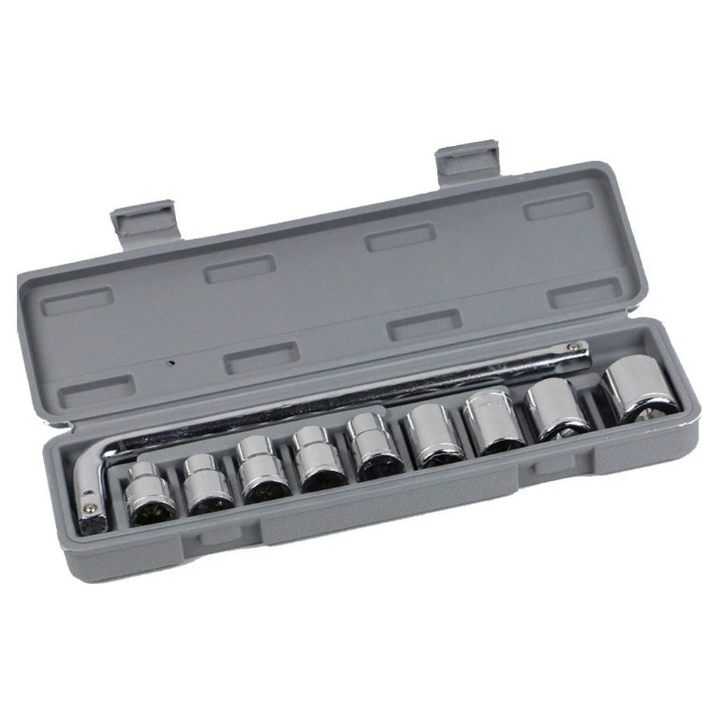 Carbon Steel 10PCS Socket Wrench Set Metric Sizes 8mm to 24mm Gray Storage Box