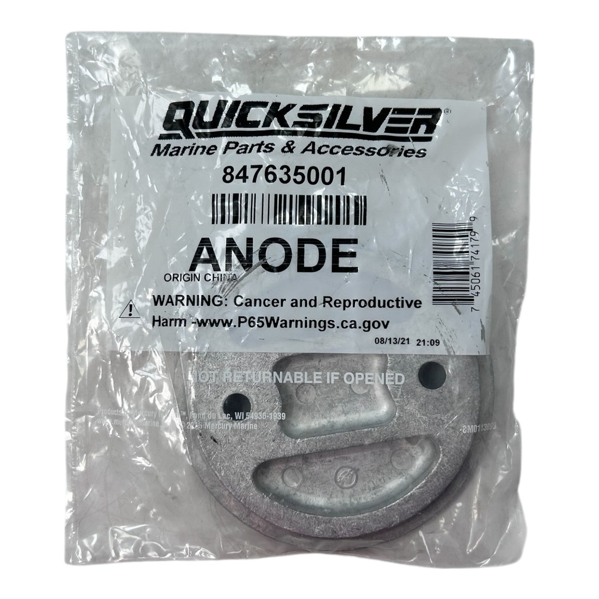 Mercury Quicksilver 847635001, Marine Round Zinc Anode, OEM