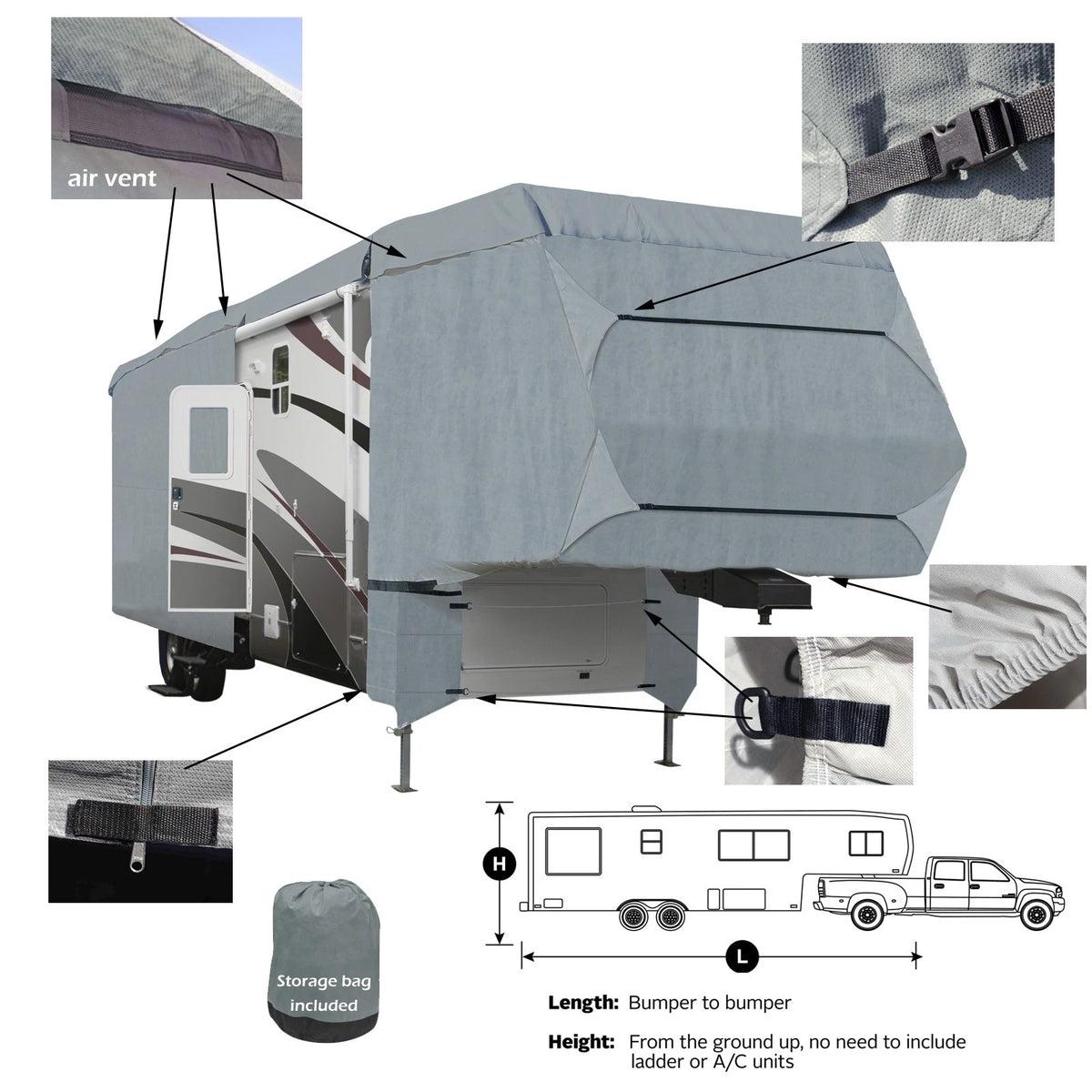 30ft -32ft Deluxe 4-Layer 5th Wheel RV Motorhome Camper Cover Zipper Door Access