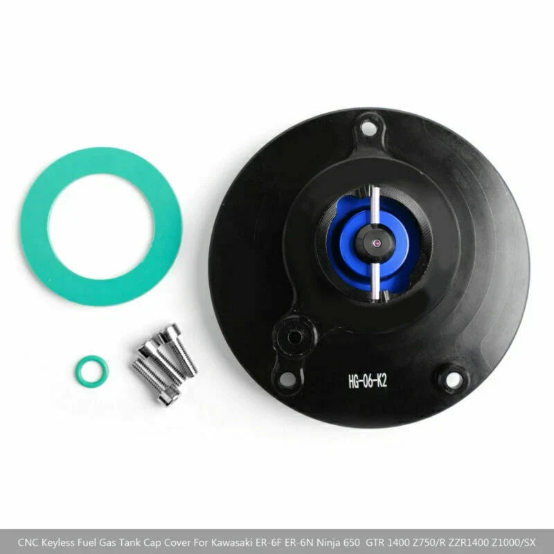 CNC Keyless Fuel Gas Tank Cap for Kawasaki ZX-6R ER-6F/6N Ninja (2000–2023) Blue