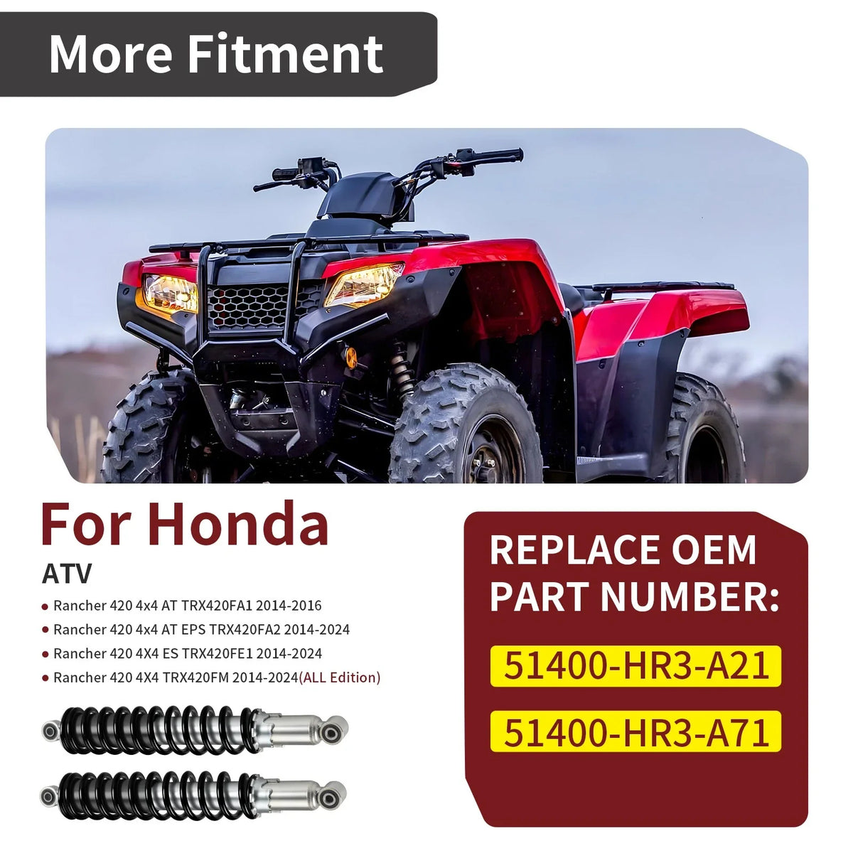Pair Front Shocks 51400-HR3-A21 for Honda Rancher 420 4x4 (2014–2016)