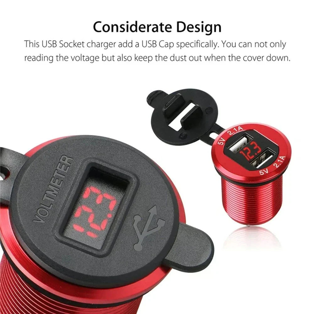 Dual USB Charger Adapter for Car Cigarette Lighter Socket with LED Display (12-24V)