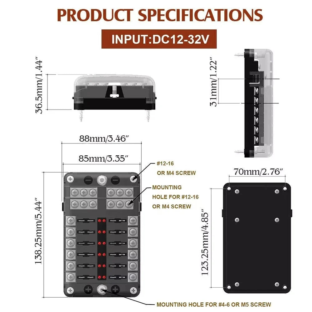 12-Way Blade Fuse Box Holder with LED Indicator for Car Boat (12V 32V)