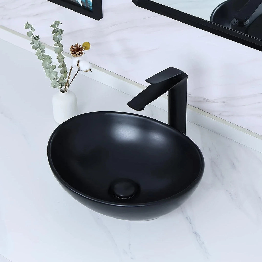 Ceramic Black Oval Vessel Sink with Pop Up Drain (15.7" x 13")