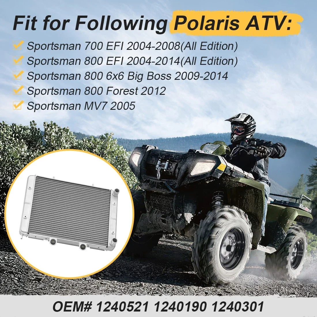 ATV Radiator for Polaris Sportsman 700 800 EFI (2004–2014) 1240190 1240301 1240521
