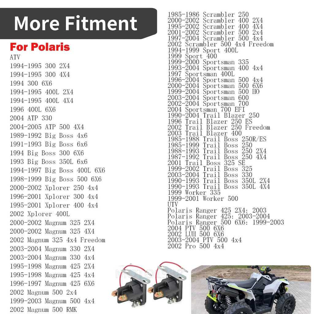 2 Starter Solenoid Relay for Polaris Sport 400, 400L, Trail Blazer 250, 400 (1996–2004) 3085521