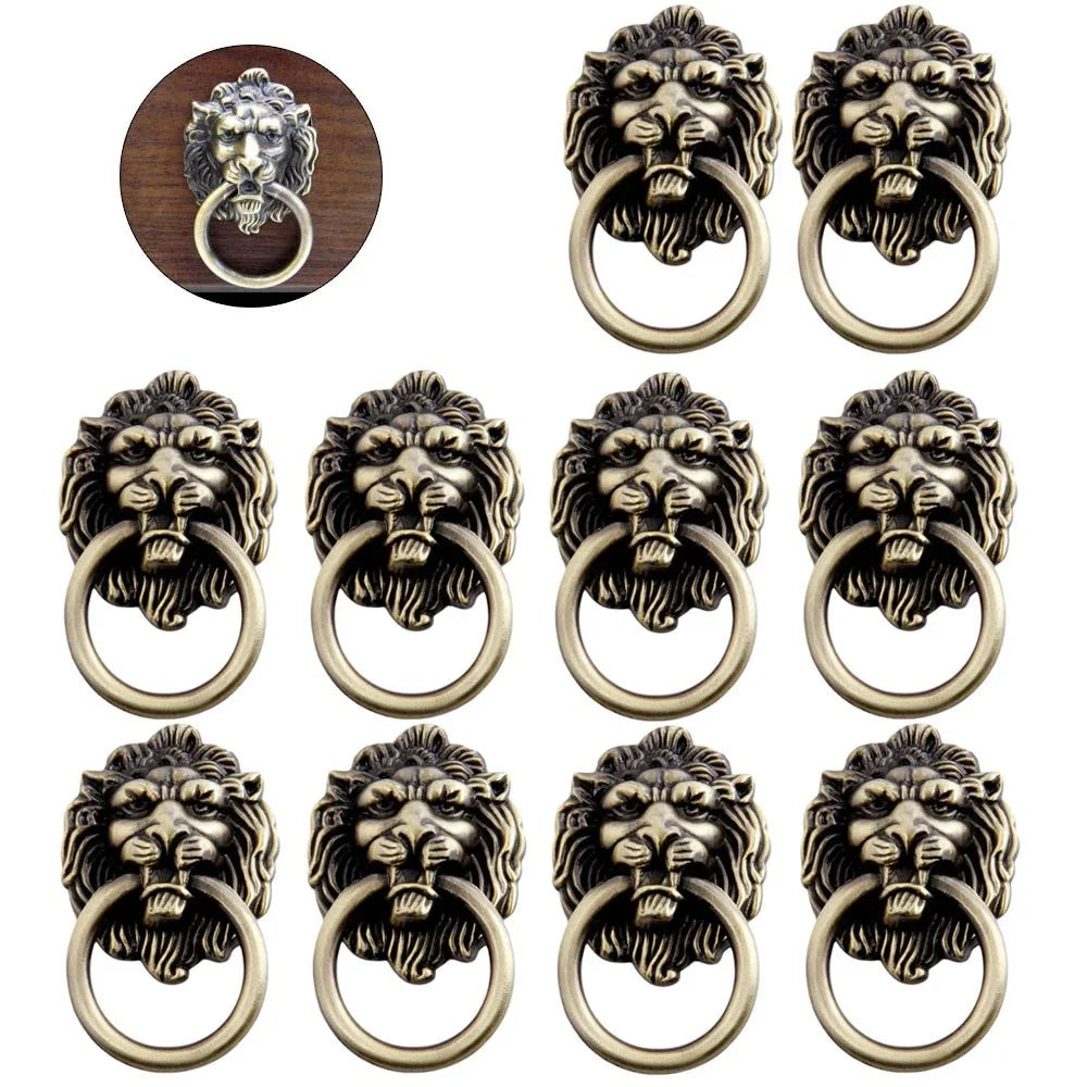 10Pcs Vintage Lion Head Pull Handle Ring Knob for Cabinet Drawer Furniture