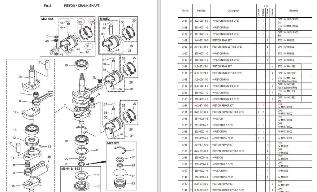 Set of 2 Piston Rings +050 for Tohatsu MX18E2 Outboard (18HP) 3LD-87124-0, 3LD-00014-0