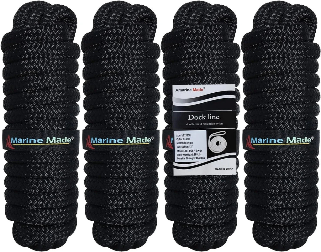 Set of 4 Dock Lines for Boat 1/2 in 25 FT Double Braid Nylon Black