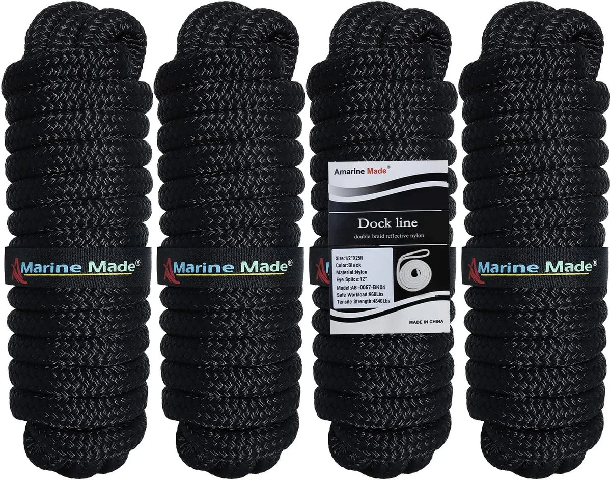 Set of 4 Dock Lines for Boat 1/2 in 25 FT Double Braid Nylon Black