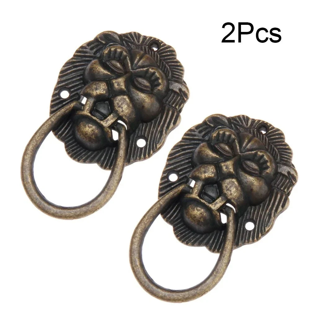 2Pcs Antique Bronze Lion Head Cabinet Knob Pull Handle 40x66mm