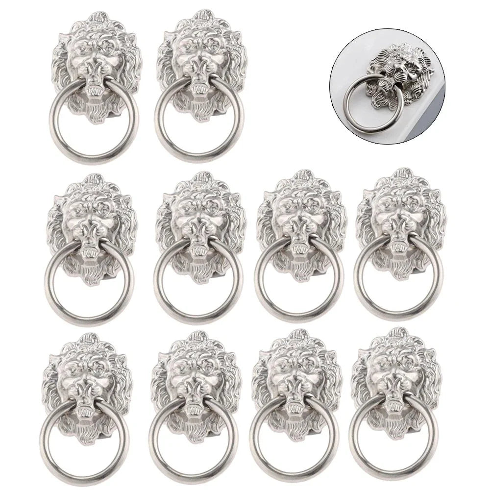 10Pcs Silver Lion Head Door Pull Handle for Cabinet Drawer