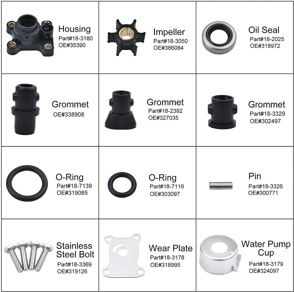 Water Pump Impeller Kit for Johnson Evinrude 9.9 15 Hp (391698, 394711, 18-3327)