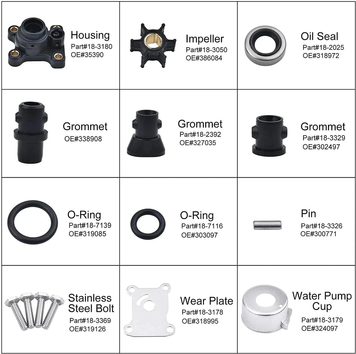 Water Pump Impeller Kit for Johnson Evinrude 9.9 15 Hp (391698, 394711, 18-3327)