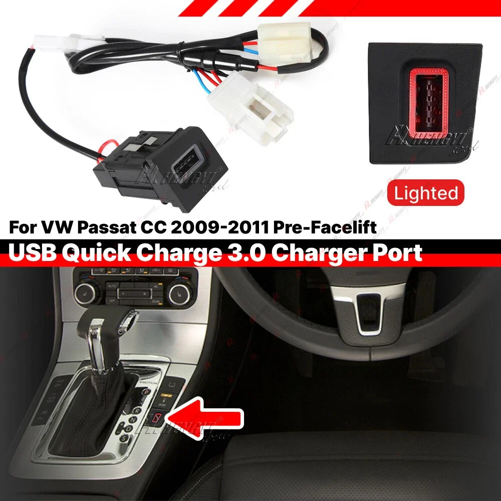 USB-A QC3.0 Charger Switch Button Socket for Volkswagen Passat CC (2011)