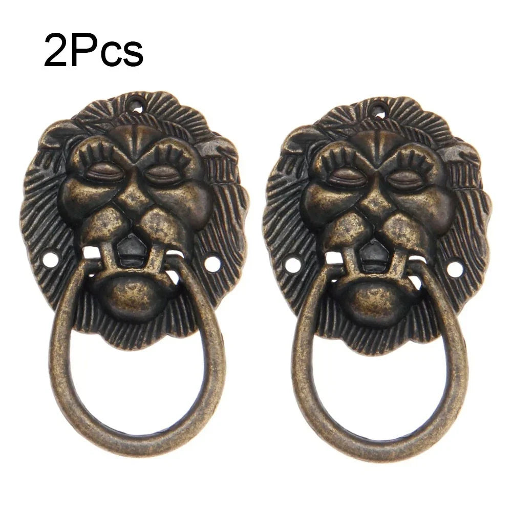 2Pcs Antique Bronze Lion Head Cabinet Knob Pull Handle 40x66mm