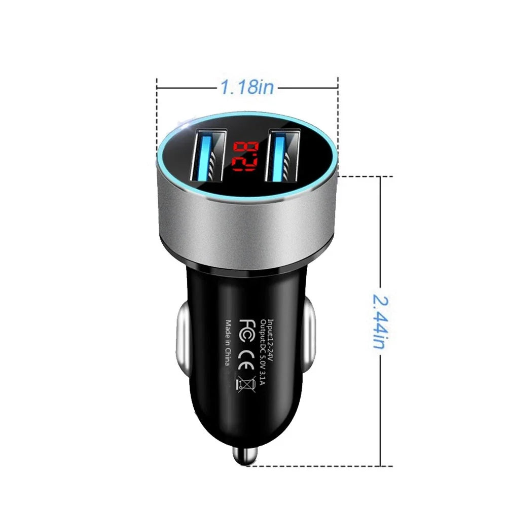 Dual USB Car Charger with LED Display for Universal Vehicles (2010–2023)