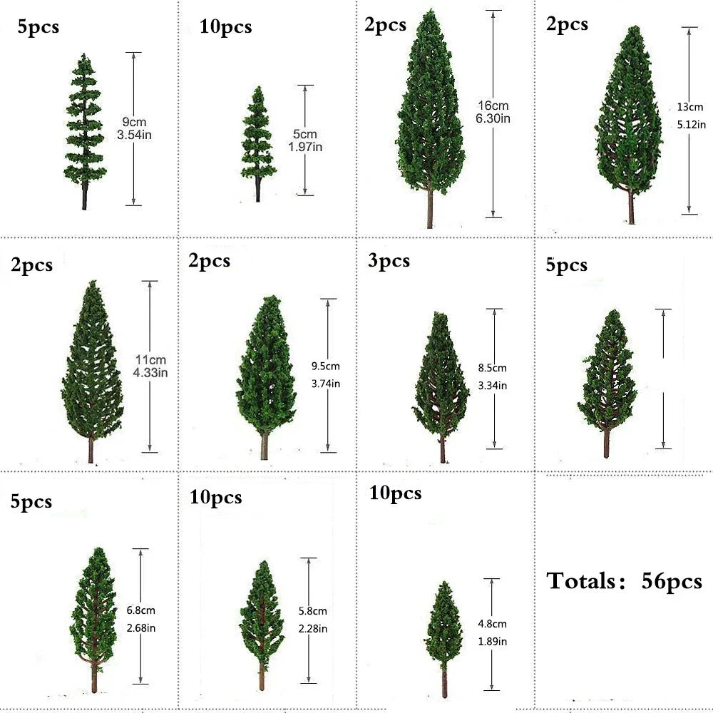 56pcs Mixed Model Tree Set for HO OO Scale Railroad Landscape Decor